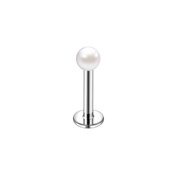 Piercing do pery – Labret strieborná farba, biele perleťové guličky