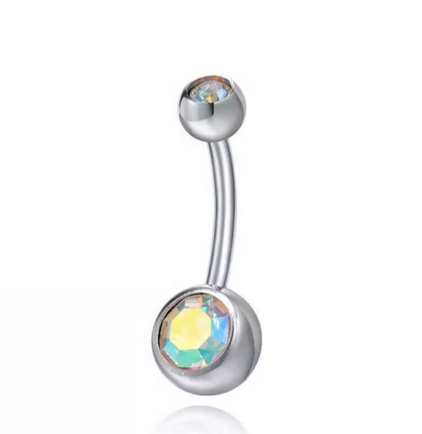 Piercing do pupku strieborný s dúhovými kamienkami