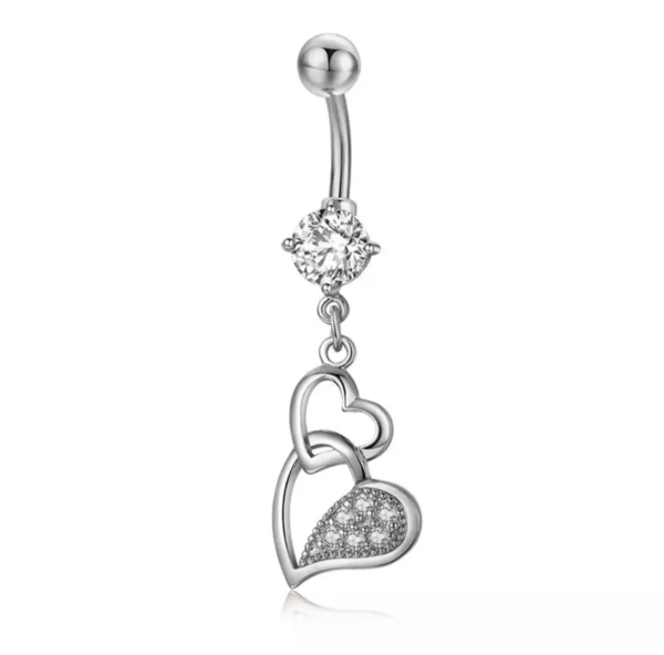 Piercing do pupku s príveskom Srdiečka - biele kamienky