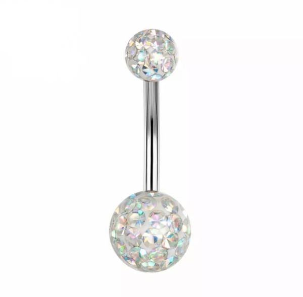 Piercing do pupku strieborný Swarovski s bielymi AB kamienkami