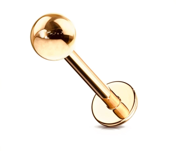 Piercing do pery – Labret ružovozlatý, lesklé guličky