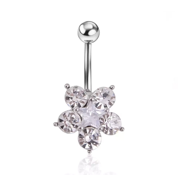 Piercing do pupku Kvietok strieborný biele kamienky