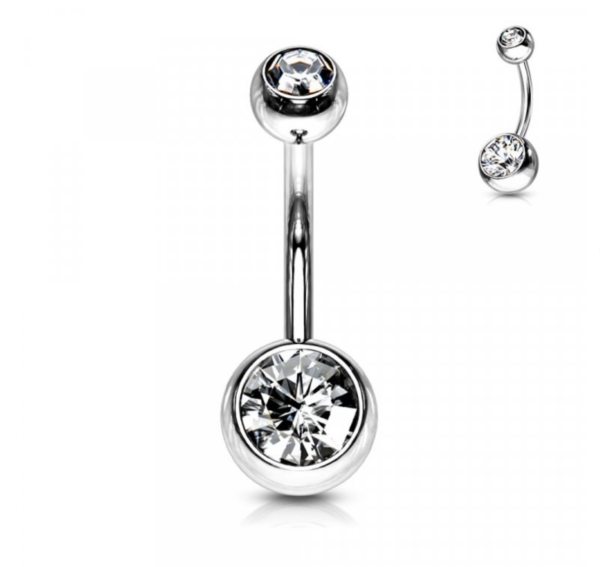 Strieborný piercing do pupku s bielymi kamienkami – titán